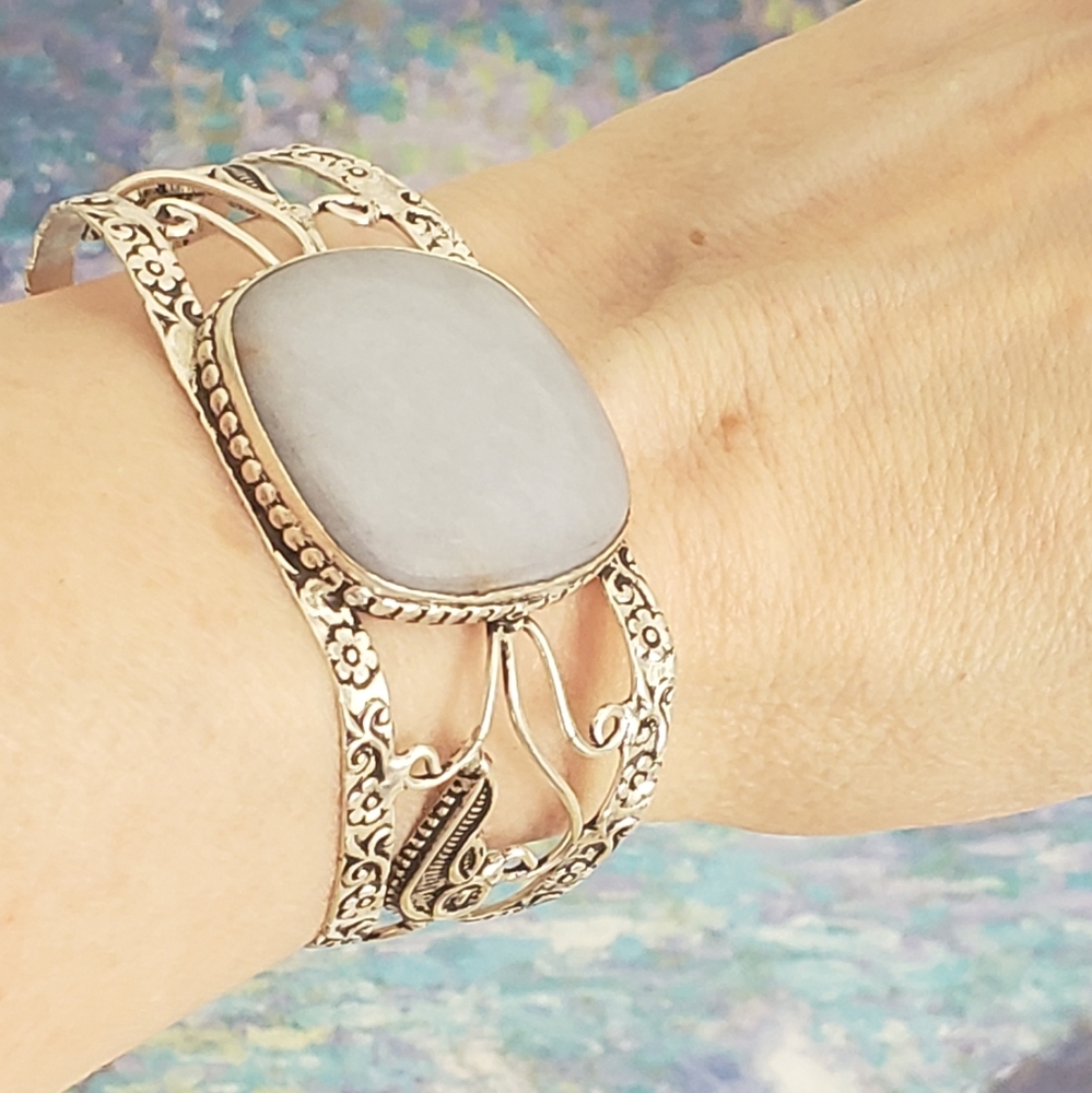 Angelite Gemstone Adjustable 925 Stamped Silver Bracelet, New, Grey Blue, Handmd - Picture 3 of 13